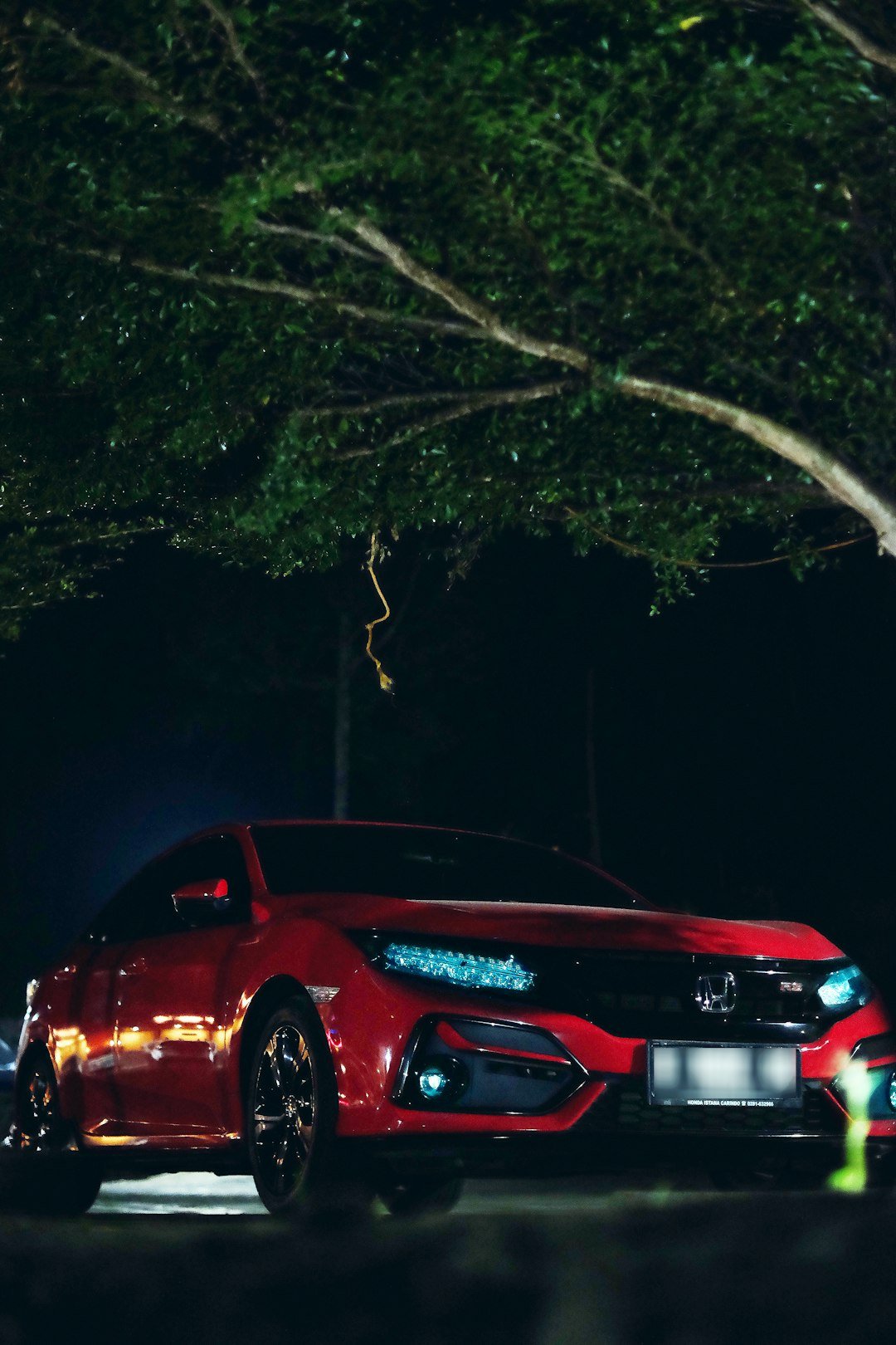 a red sports car with a tree in the background