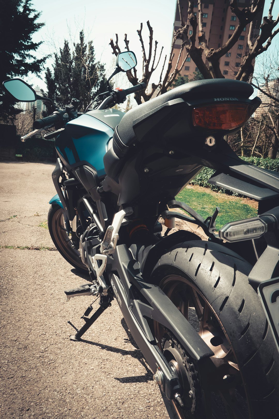 a motorcycle parked on the side of the road