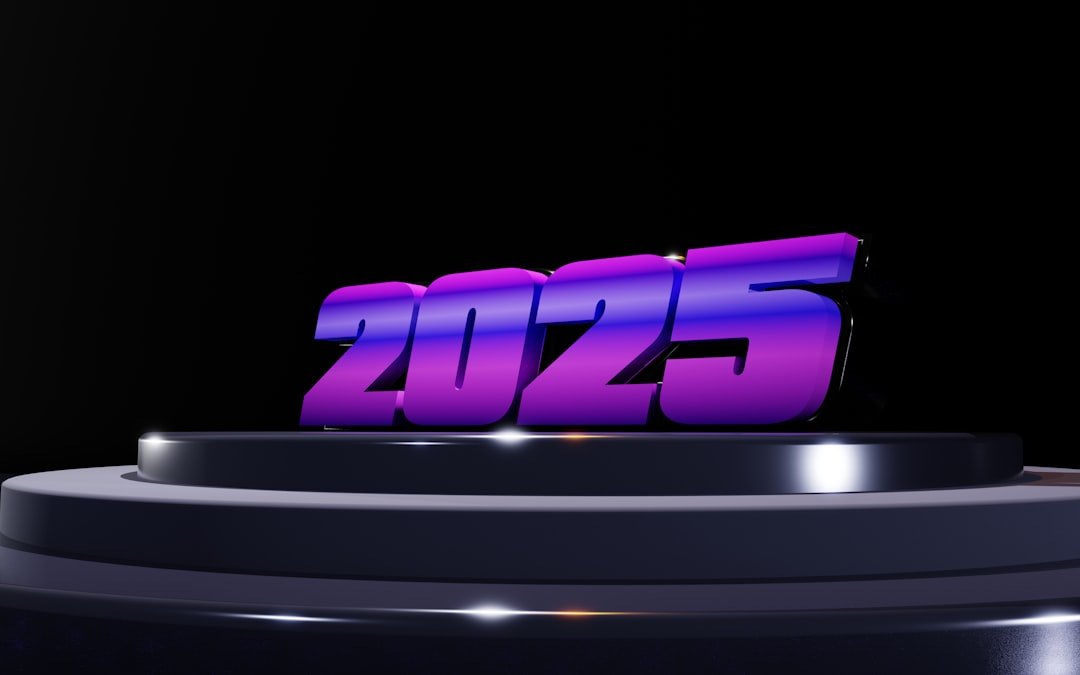A purple and blue logo on a black background