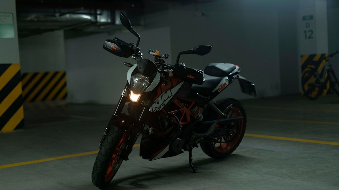a motorcycle is parked in a parking garage