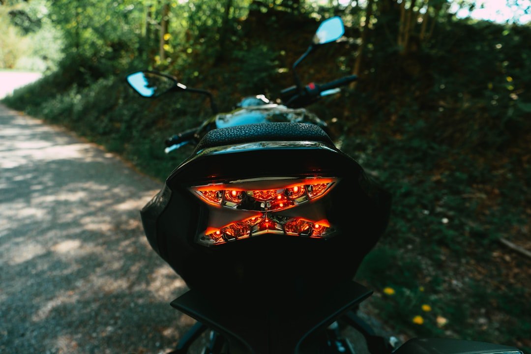 black and red backpack on black motorcycle