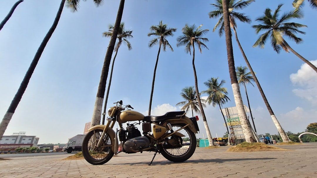 a motorcycle parked in front of palm trees