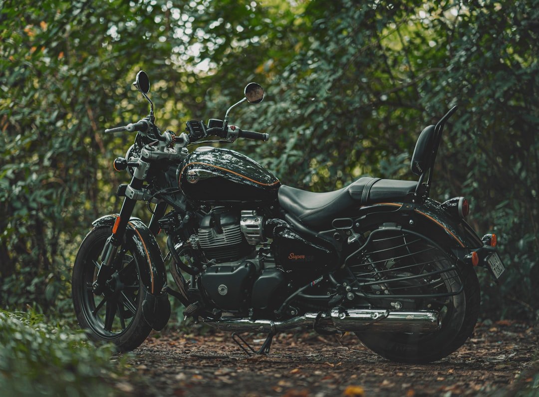 A motorcycle parked in the middle of a forest