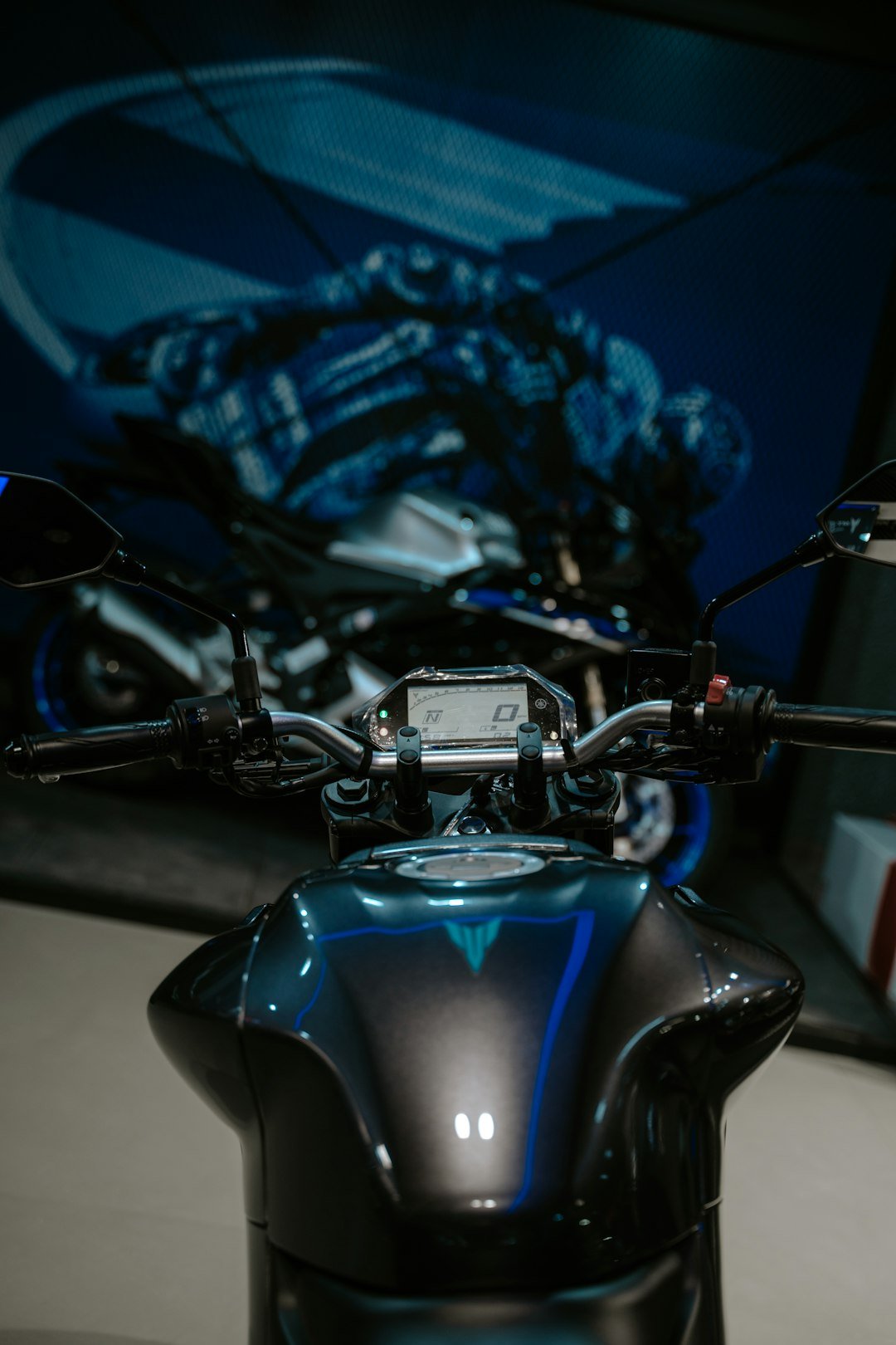 A close up of a motorcycle on display